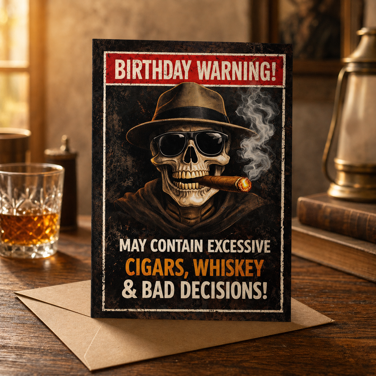 Birthday Card - May Contain Excessive Cigars, Whiskey & Bad Decisions!